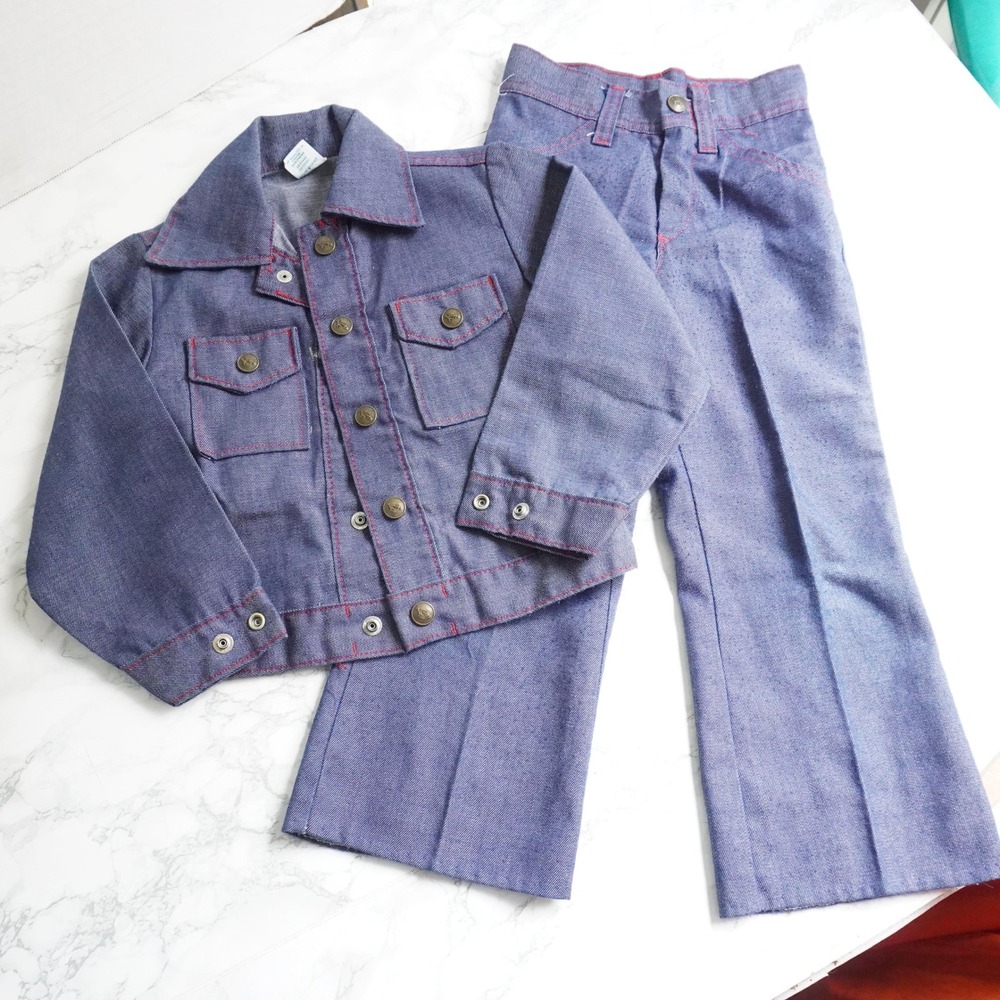 VTG 70s Buster Brown Kids Denim Jacket and Flare Pants Set‎ Blue Indigo Size 5-6